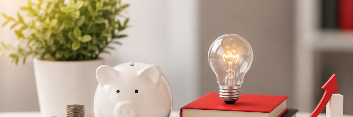 obrazek ilustruje świnkę skarbonkę i żarówkę