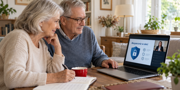 Seniorka i senior oglądają na laptopie webinarium o bezpieczeństwie w internecie