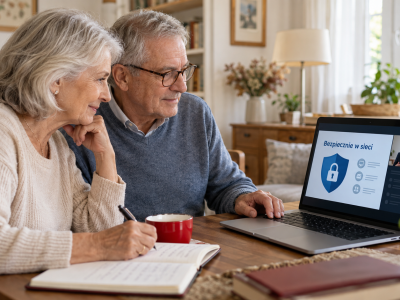 Seniorka i senior oglądają na laptopie webinarium o bezpieczeństwie w internecie