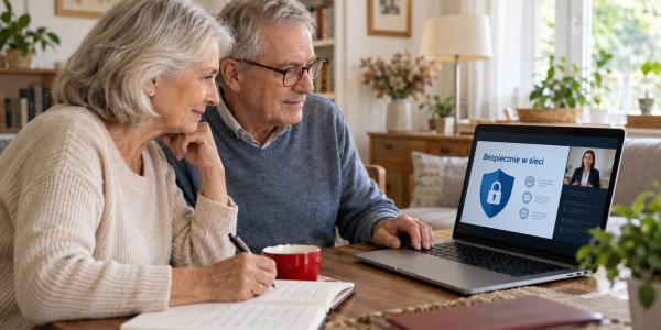 Seniorka i senior oglądają na laptopie webinarium o bezpieczeństwie w internecie